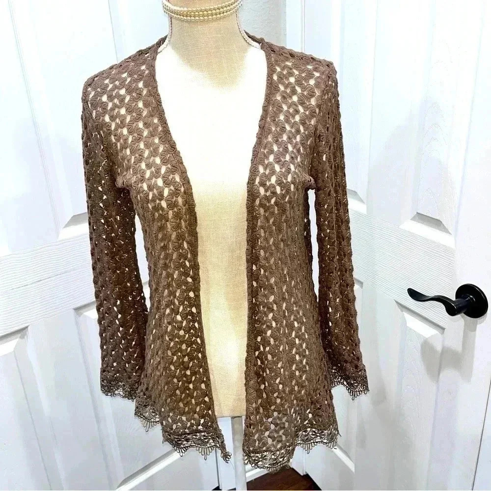 Monteau open knit, open front, lace trim duster / kimono